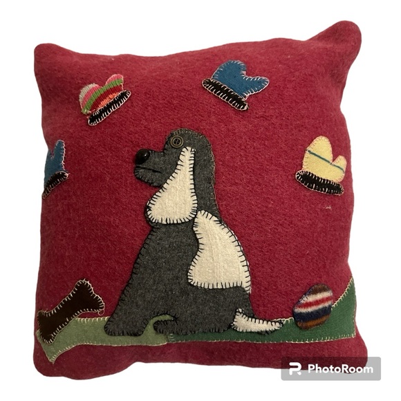 Wool Hand Enbroidered Throw Pillows - dog and apple orchard - Picture 2 of 11